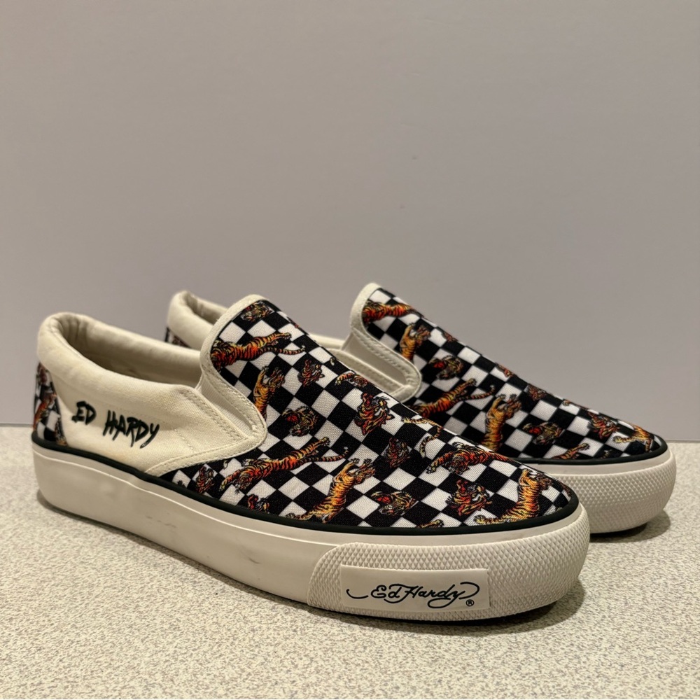Ed Hardy Black and White Checkered Slip-Ons Canvas Tiger Graphics Mens 10